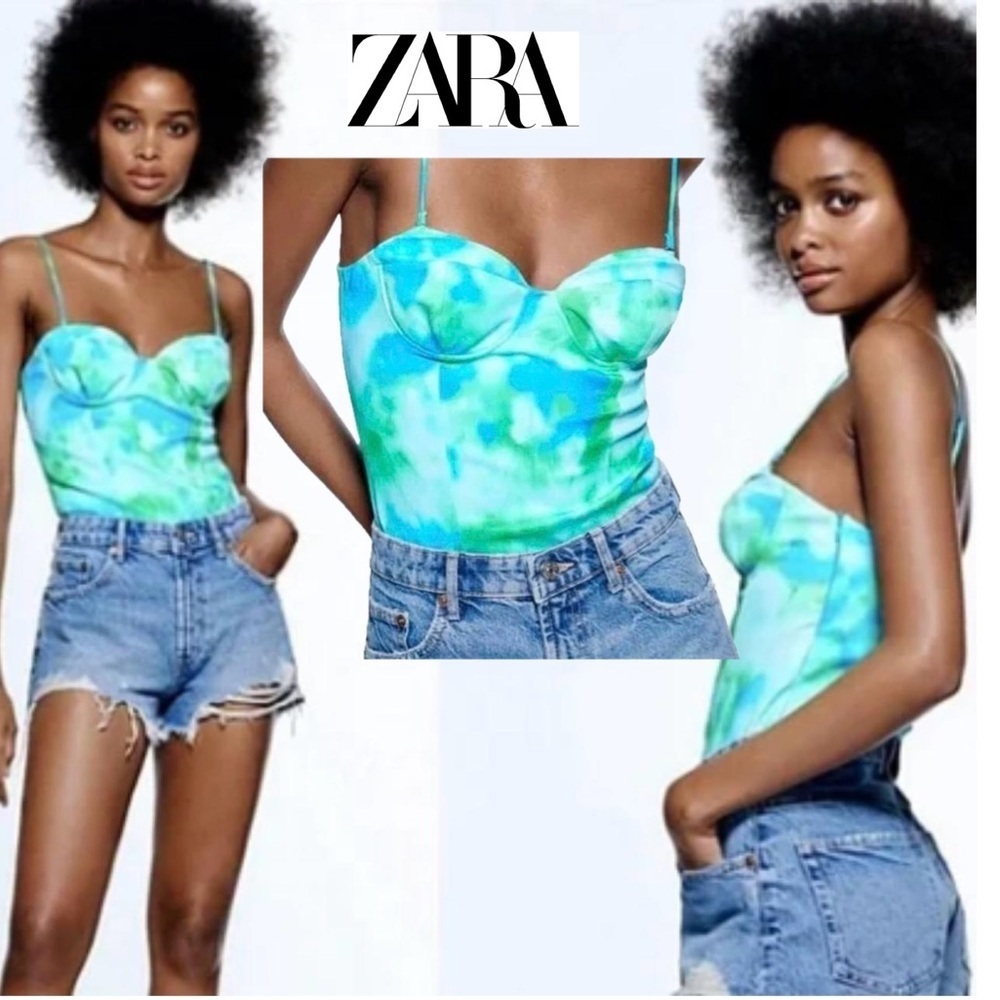 Zara blue green tie-dye ombre spaghetti strap bustier corset bodysuit Sz S NWOT